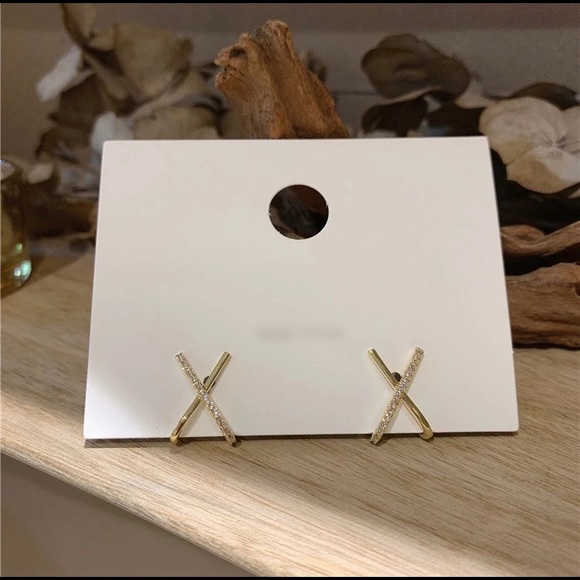 Sterling Silver Crisscross Simulated Diamond Gold Earrings - Picture 2 of 9